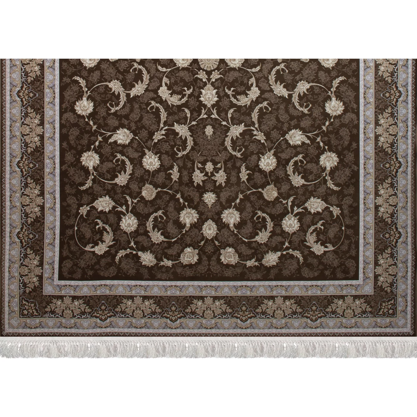 فرش ماشینی 1200 شانه تراکم 3600 گل برجسته طرح پریماه شکلاتی