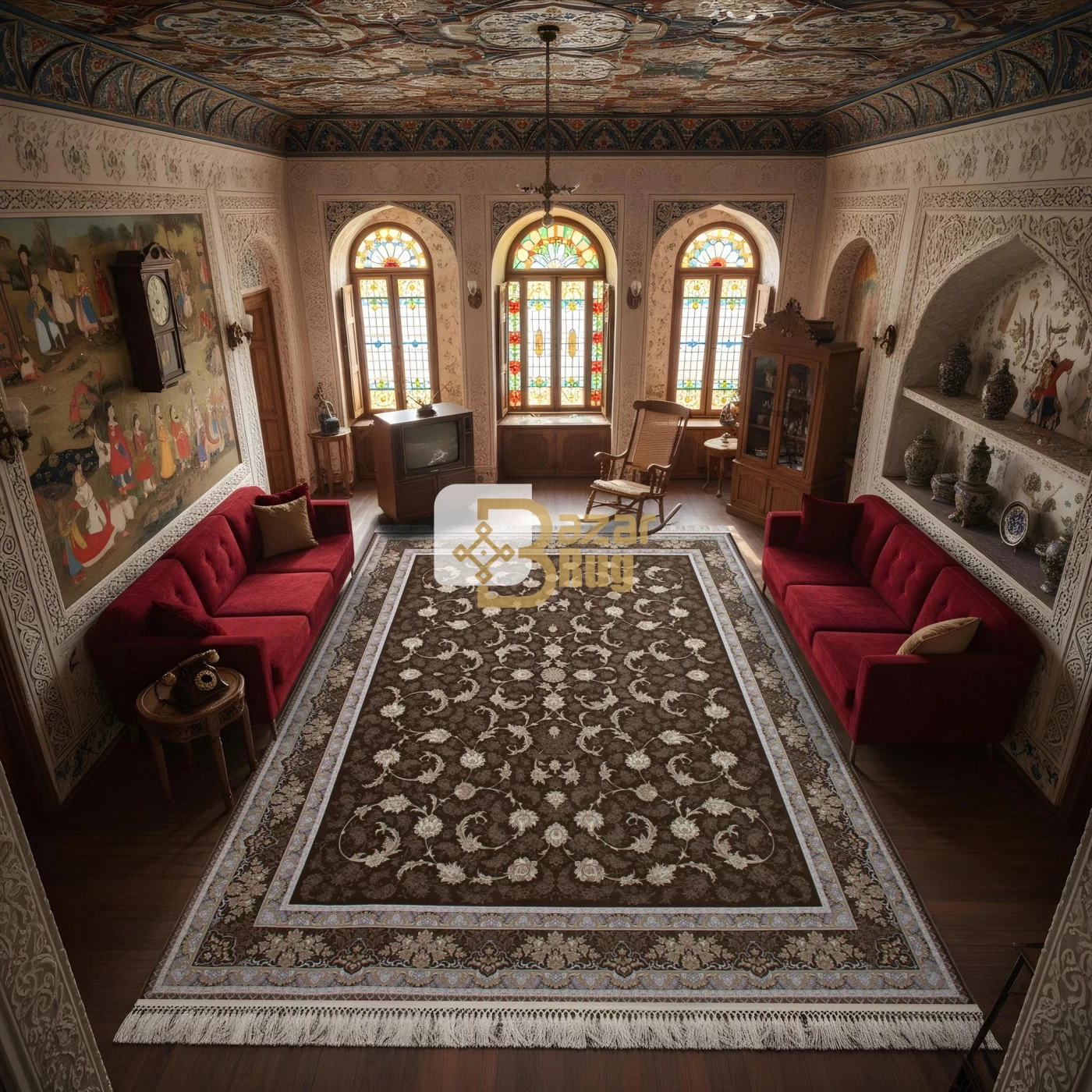 فرش ماشینی 1200 شانه تراکم 3600 گل برجسته طرح پریماه شکلاتی