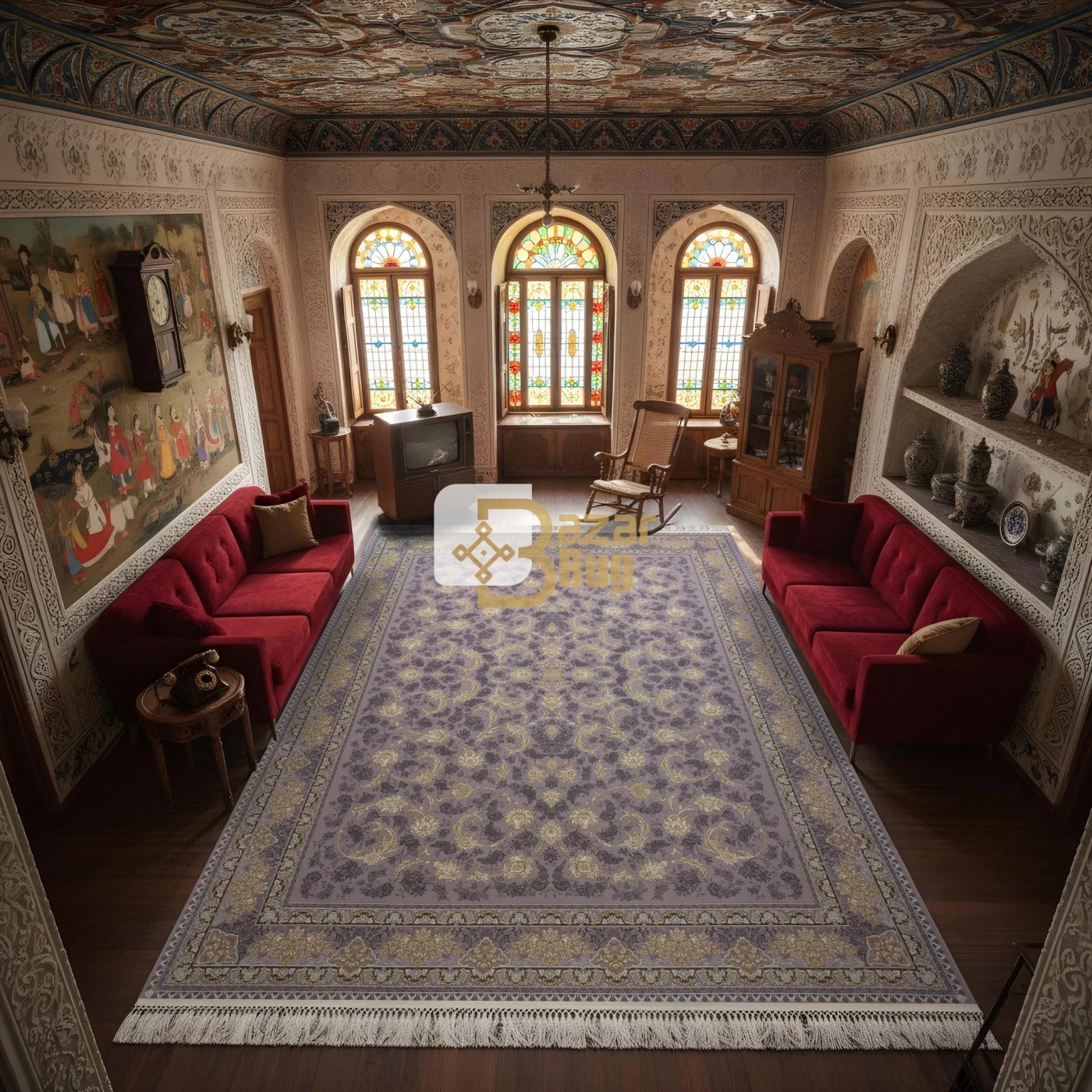 فرش ماشینی 1200 شانه تراکم 3600 گل برجسته طرح پریماه یاسی