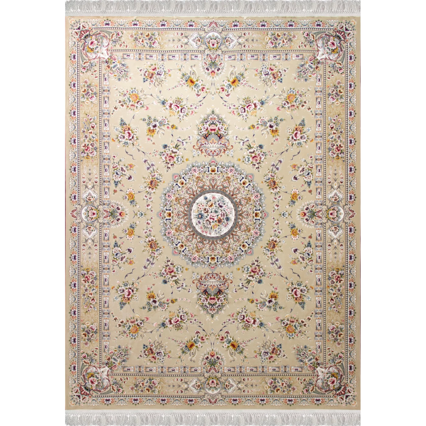 فرش ماشینی ۱۲۰۰ شانه تراکم ۳۶۰۰ گل برجسته طرح پریزاد بژ