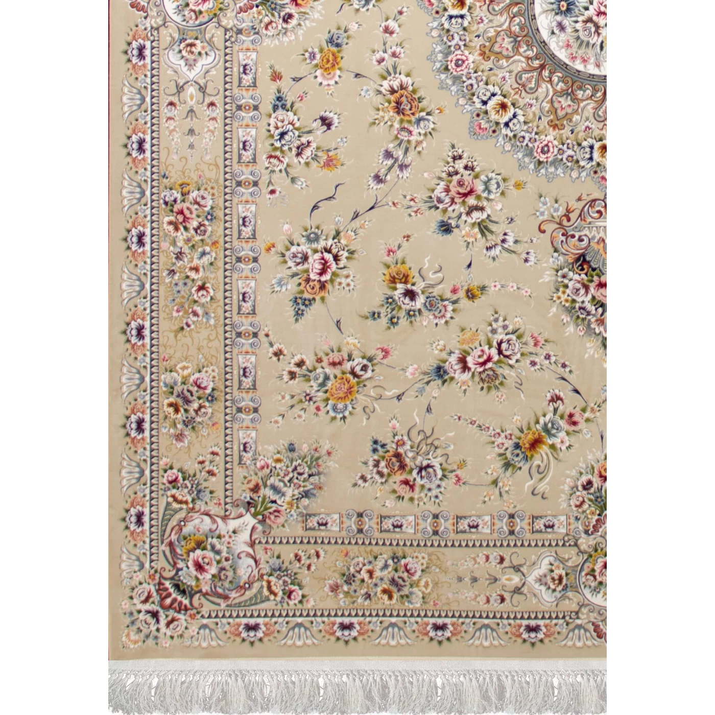 فرش ماشینی ۱۲۰۰ شانه تراکم ۳۶۰۰ گل برجسته طرح پریزاد بژ