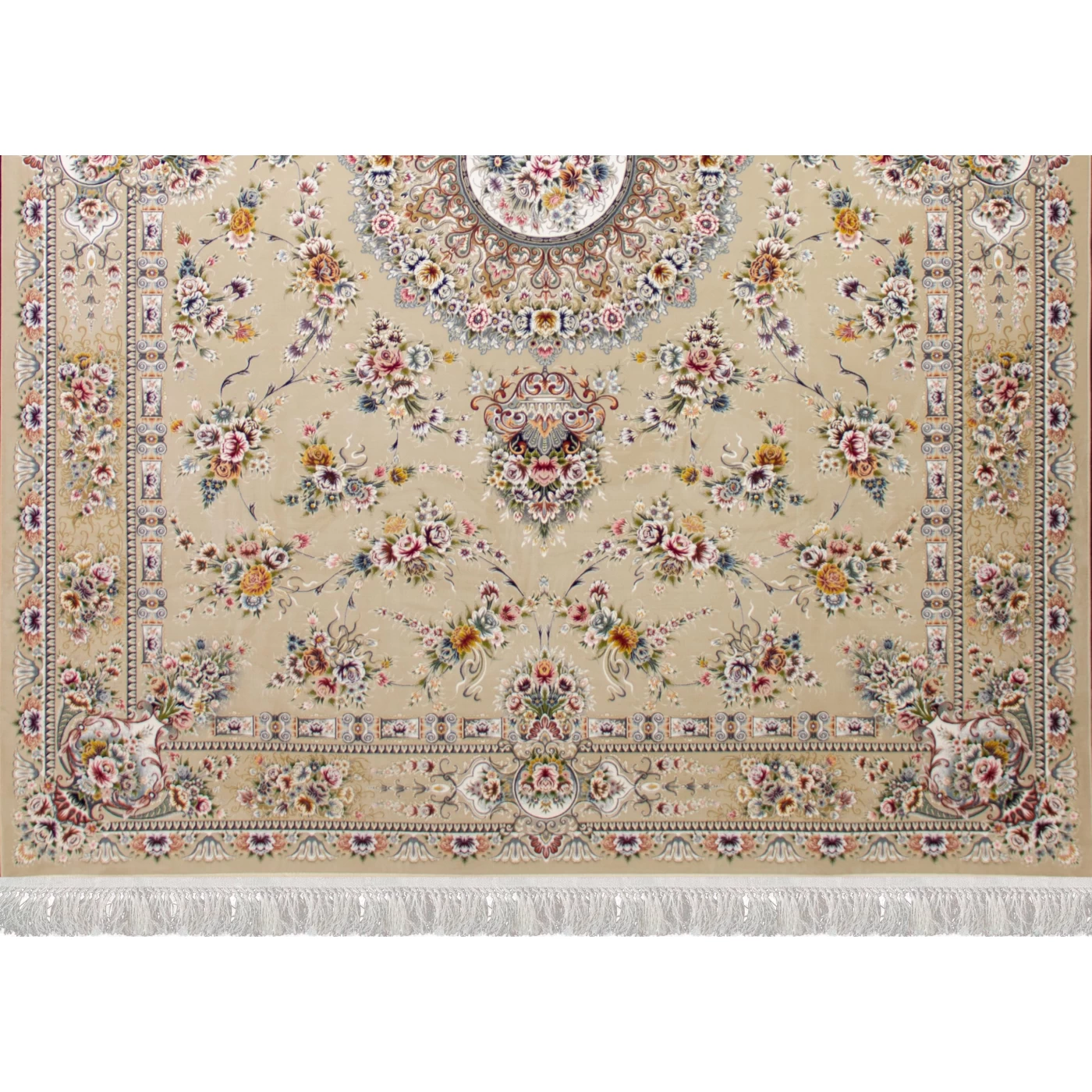 فرش ماشینی ۱۲۰۰ شانه تراکم ۳۶۰۰ گل برجسته طرح پریزاد بژ