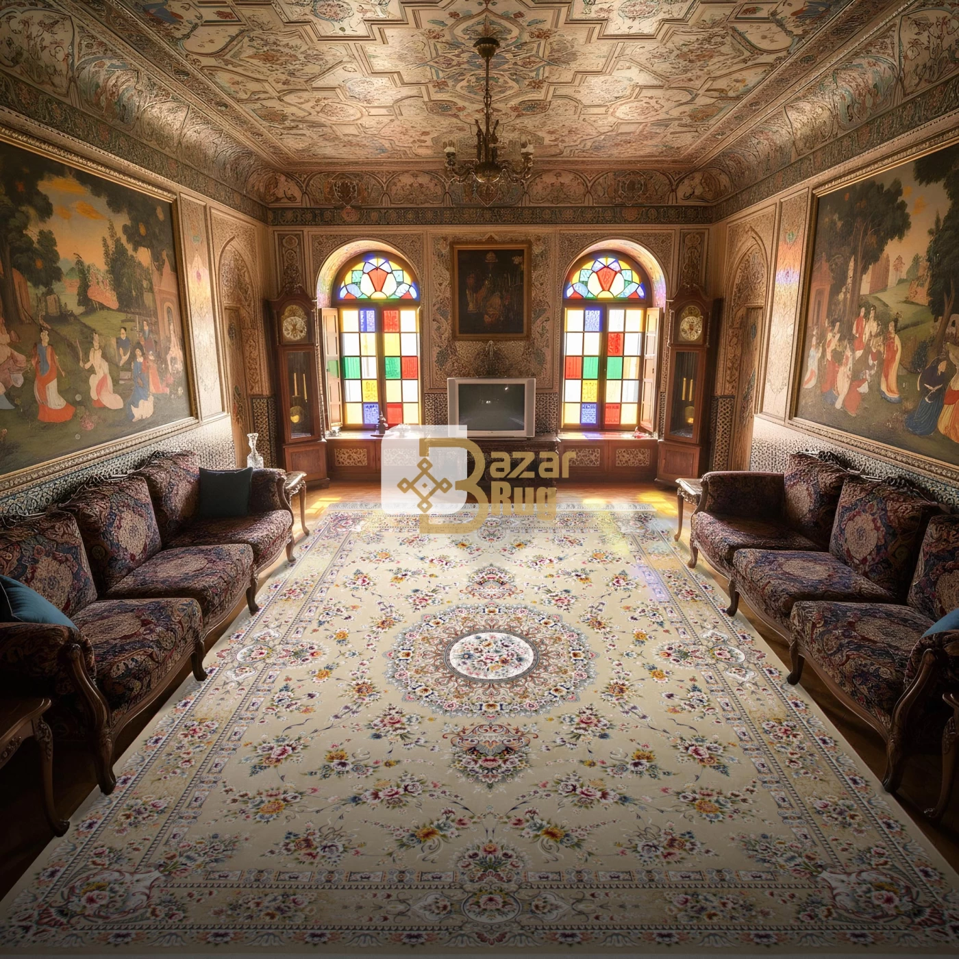 فرش ماشینی ۱۲۰۰ شانه تراکم ۳۶۰۰ گل برجسته طرح پریزاد بژ