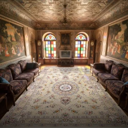 فرش ماشینی ۱۲۰۰ شانه تراکم ۳۶۰۰ گل برجسته طرح پریزاد بژ - بازارفرش - {category}