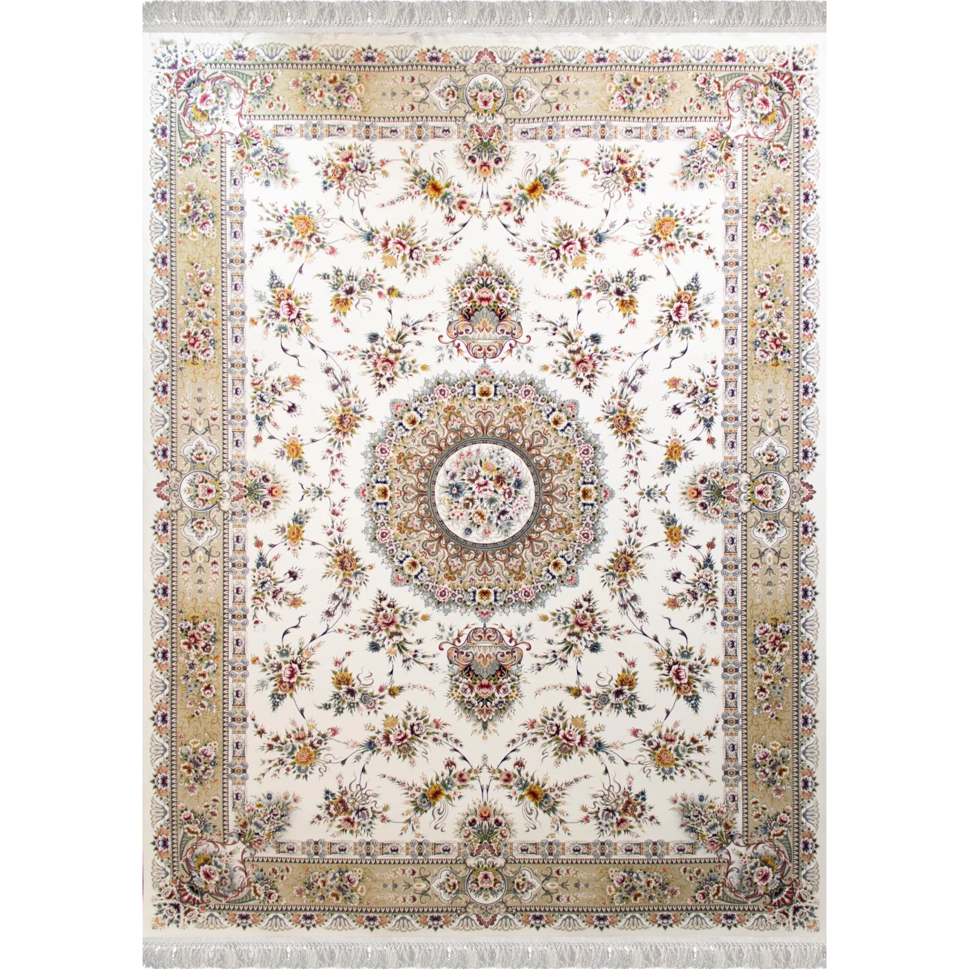 فرش ماشینی ۱۲۰۰ شانه تراکم ۳۶۰۰ گل برجسته طرح پریزاد کرم