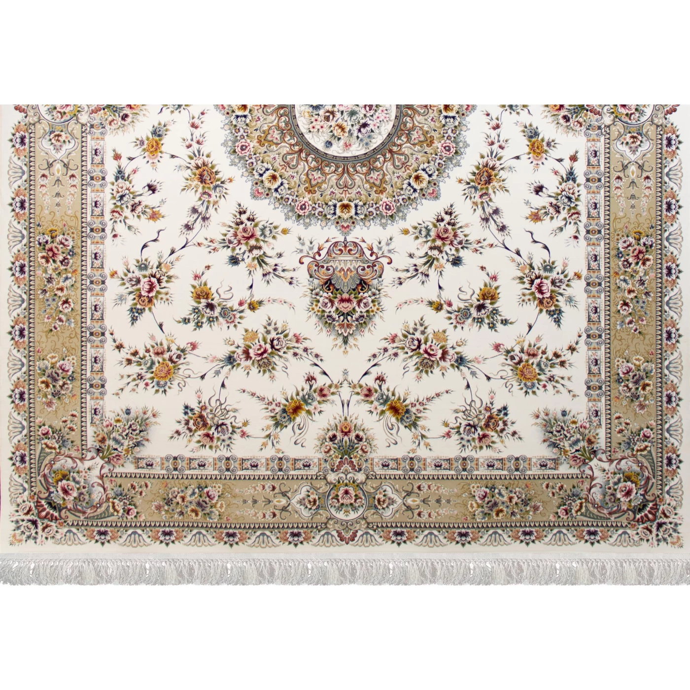 فرش ماشینی ۱۲۰۰ شانه تراکم ۳۶۰۰ گل برجسته طرح پریزاد کرم