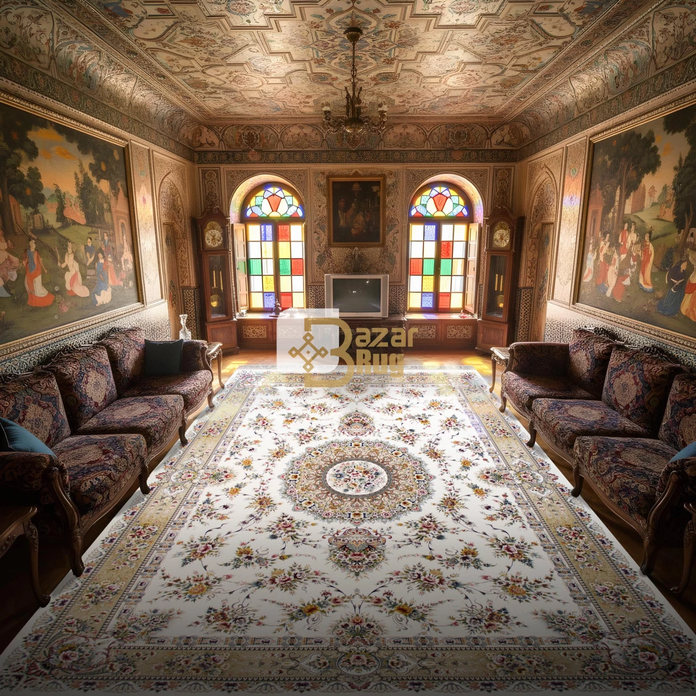 فرش ماشینی ۱۲۰۰ شانه تراکم ۳۶۰۰ گل برجسته طرح پریزاد کرم