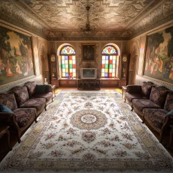 فرش ماشینی ۱۲۰۰ شانه تراکم ۳۶۰۰ گل برجسته طرح پریزاد کرم - بازارفرش - فرش 1200 شانه