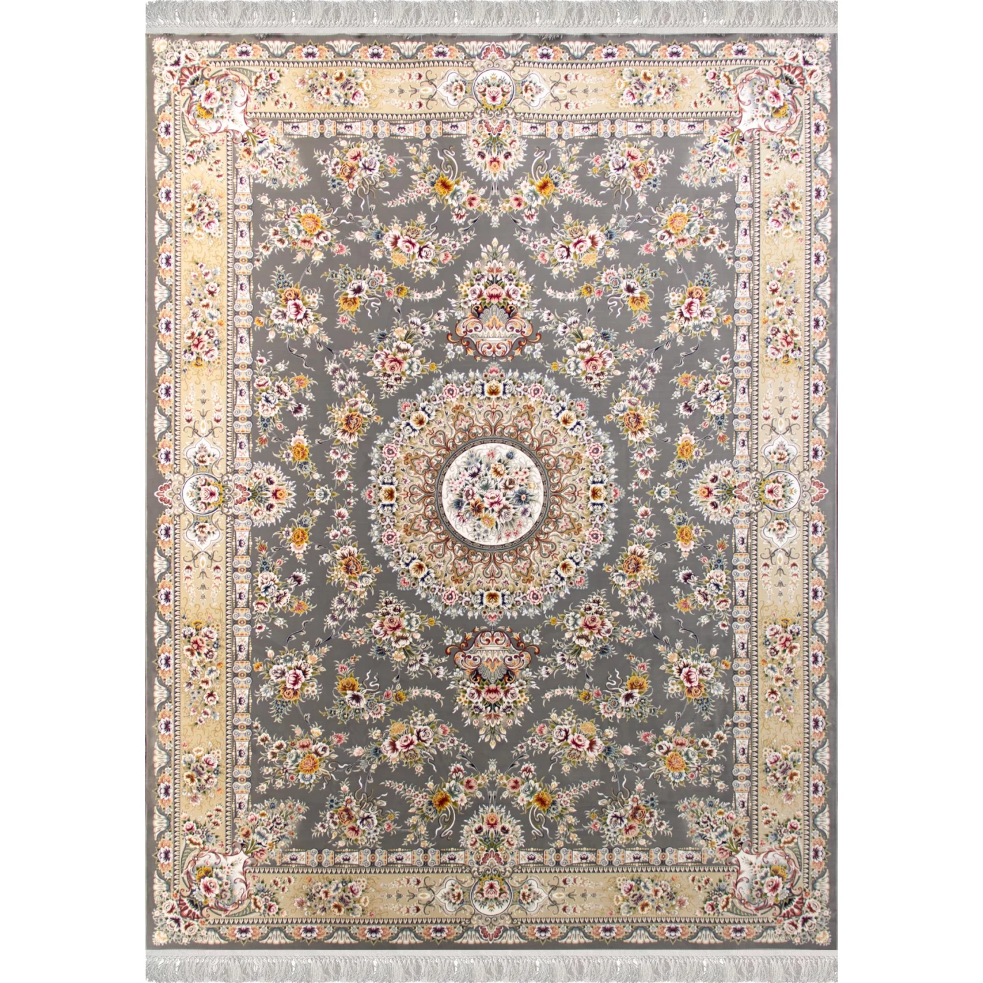 فرش ماشینی ۱۲۰۰ شانه تراکم ۳۶۰۰ گل برجسته طرح پریزاد دودی