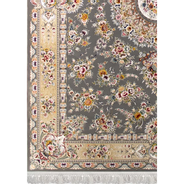 فرش ماشینی ۱۲۰۰ شانه تراکم ۳۶۰۰ گل برجسته طرح پریزاد دودی