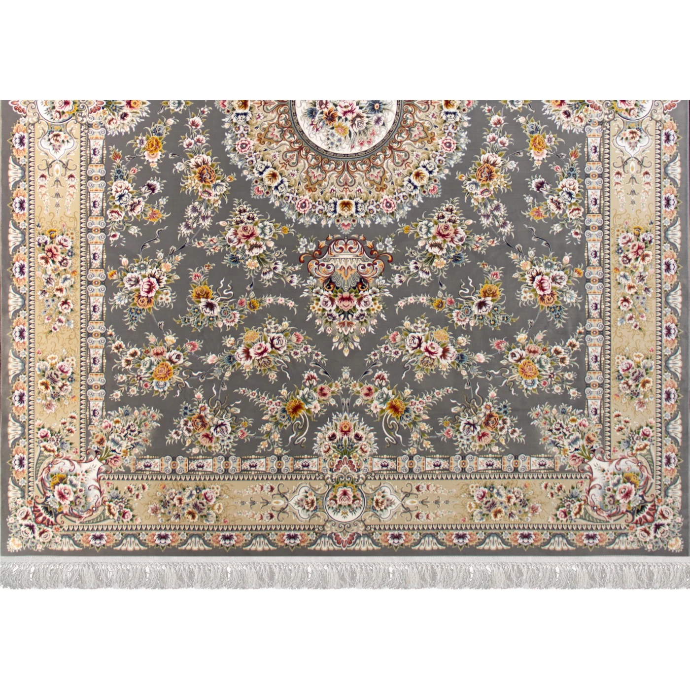 فرش ماشینی ۱۲۰۰ شانه تراکم ۳۶۰۰ گل برجسته طرح پریزاد دودی