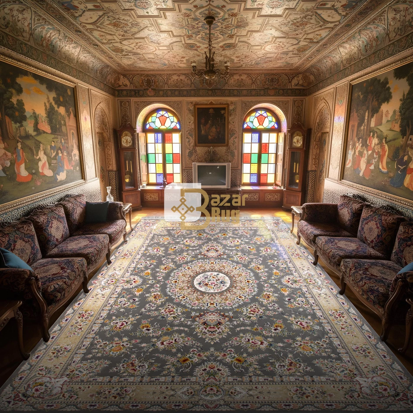 فرش ماشینی ۱۲۰۰ شانه تراکم ۳۶۰۰ گل برجسته طرح پریزاد دودی