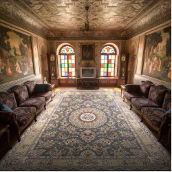 فرش ماشینی ۱۲۰۰ شانه تراکم ۳۶۰۰ گل برجسته طرح پریزاد دودی - بازارفرش - فرش 1200 شانه