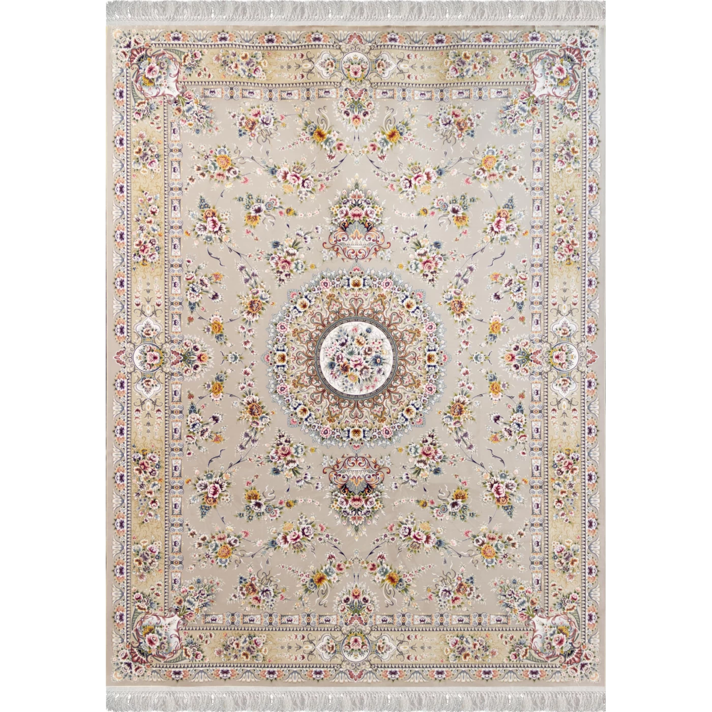 فرش ماشینی ۱۲۰۰ شانه تراکم ۳۶۰۰ گل برجسته طرح پریزاد نقره ای