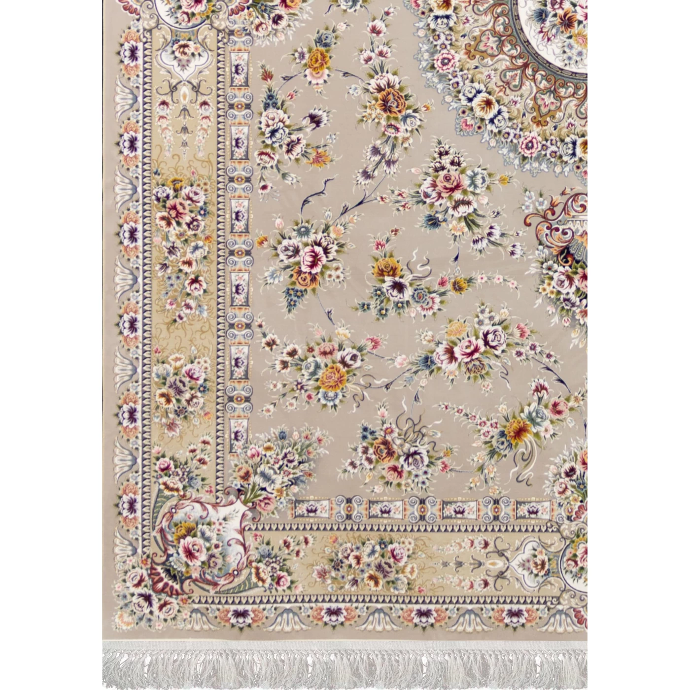 فرش ماشینی ۱۲۰۰ شانه تراکم ۳۶۰۰ گل برجسته طرح پریزاد نقره ای