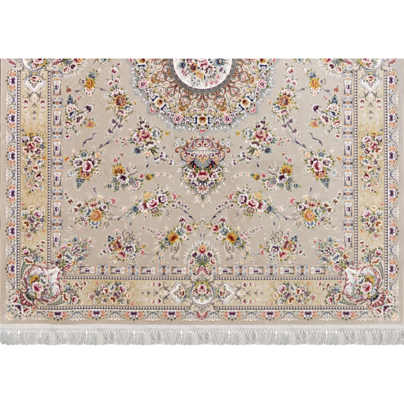 فرش ماشینی ۱۲۰۰ شانه تراکم ۳۶۰۰ گل برجسته طرح پریزاد نقره ای