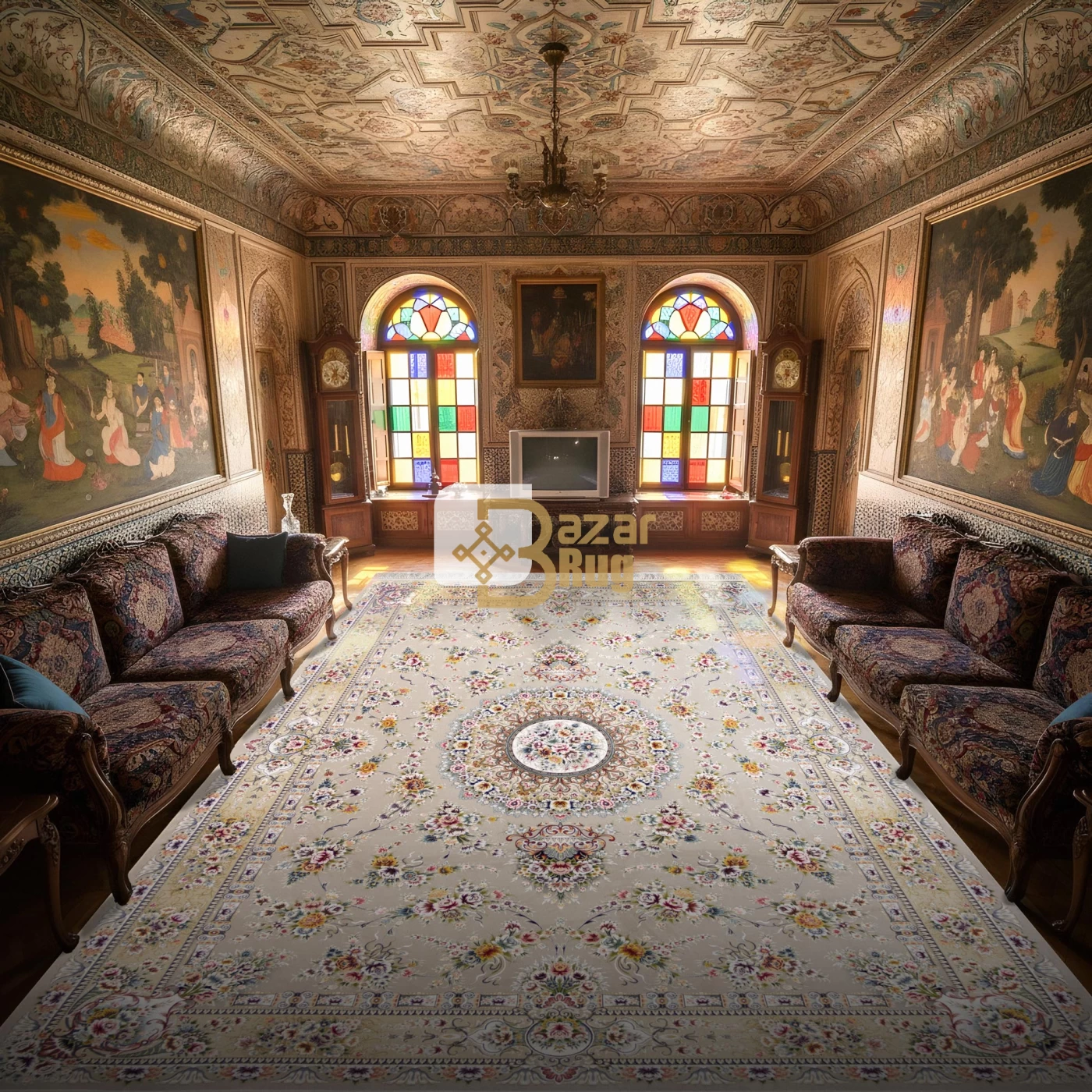 فرش ماشینی ۱۲۰۰ شانه تراکم ۳۶۰۰ گل برجسته طرح پریزاد نقره ای