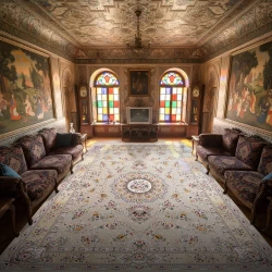 فرش ماشینی ۱۲۰۰ شانه تراکم ۳۶۰۰ گل برجسته طرح پریزاد نقره ای - بازارفرش - فرش 1200 شانه