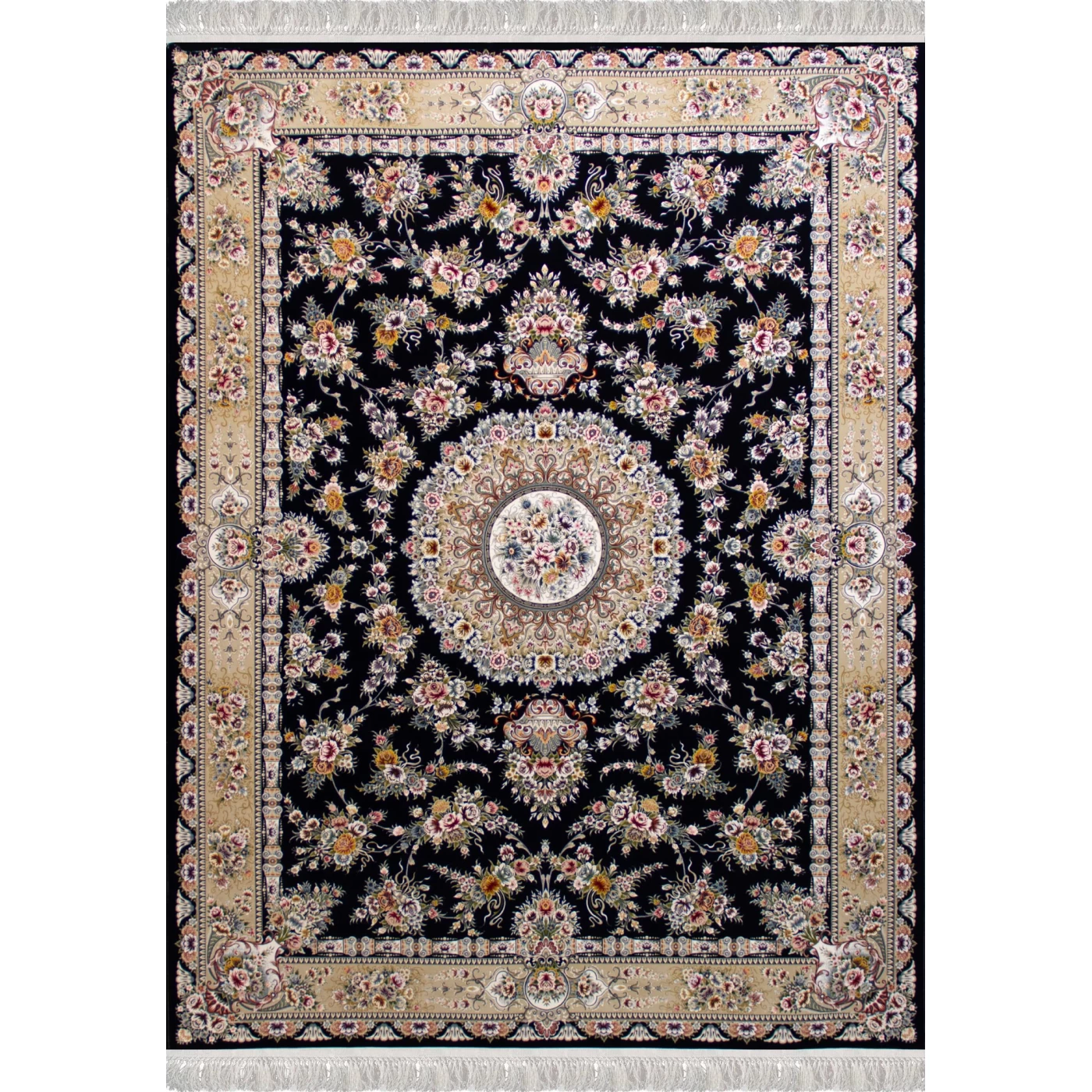 فرش ماشینی ۱۲۰۰ شانه تراکم ۳۶۰۰ گل برجسته طرح پریزاد سرمه ای