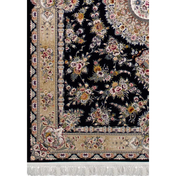 فرش ماشینی ۱۲۰۰ شانه تراکم ۳۶۰۰ گل برجسته طرح پریزاد سرمه ای