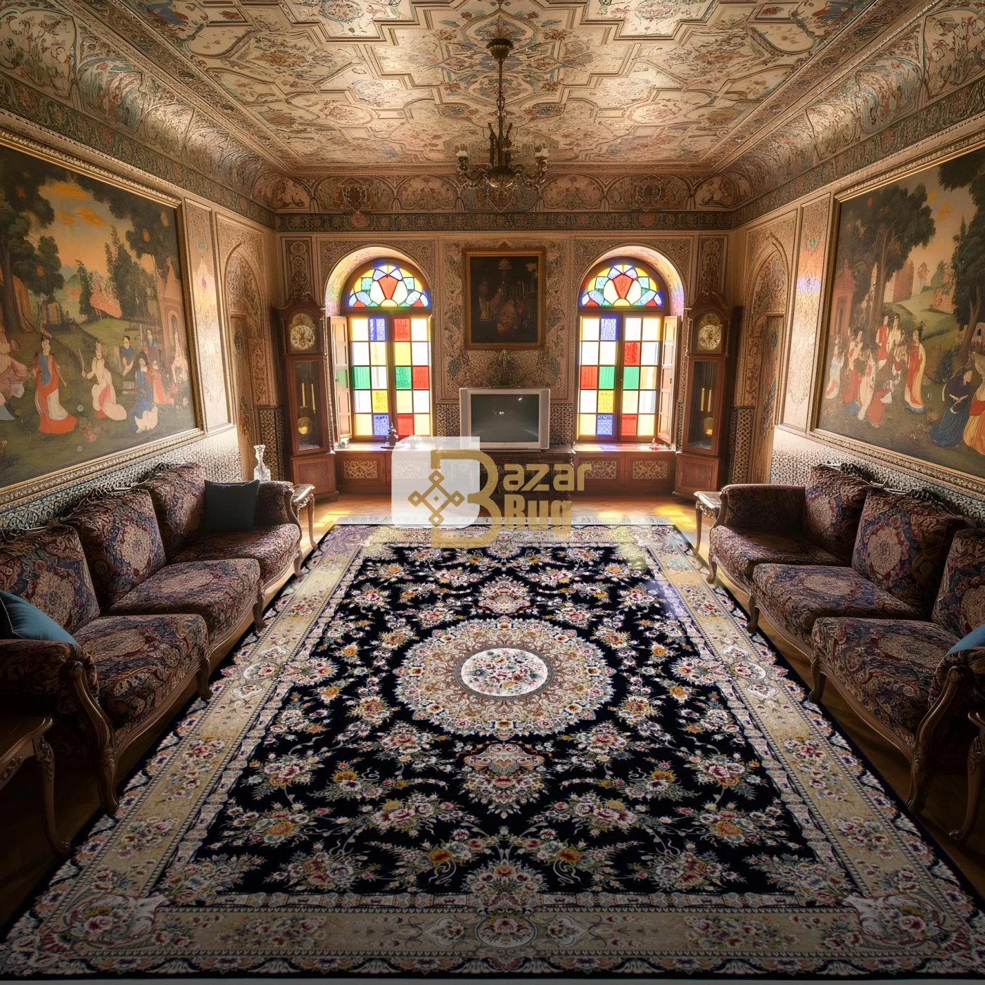 فرش ماشینی ۱۲۰۰ شانه تراکم ۳۶۰۰ گل برجسته طرح پریزاد سرمه ای