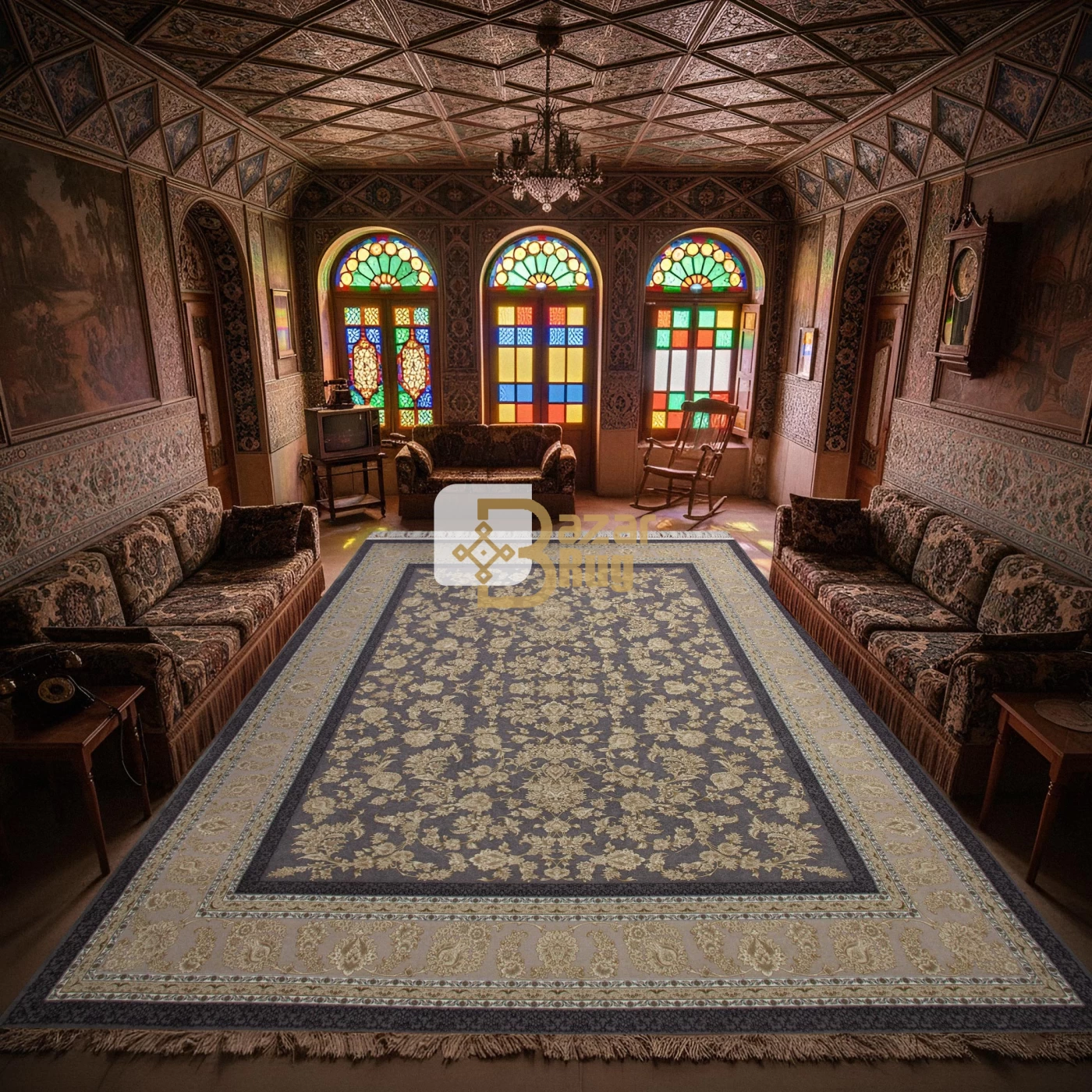 فرش ماشینی ۱۲۰۰ شانه تراکم ۳۶۰۰ گل برجسته طرح پارمیدا دلفینی