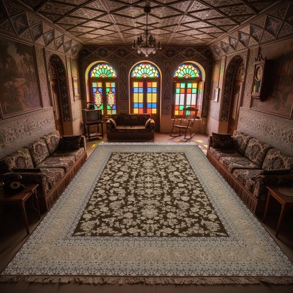 فرش ماشینی ۱۲۰۰ شانه تراکم ۳۶۰۰ گل برجسته طرح پارمیدا نسکافه ای