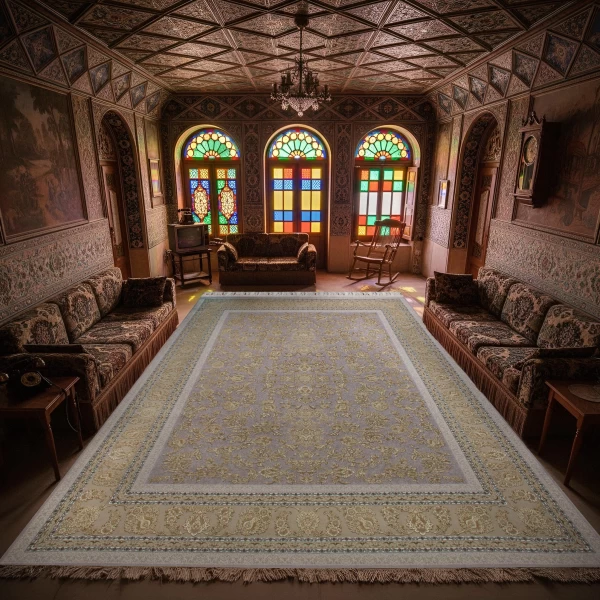 فرش ماشینی ۱۲۰۰ شانه تراکم ۳۶۰۰ گل برجسته طرح پارمیدا یاسی