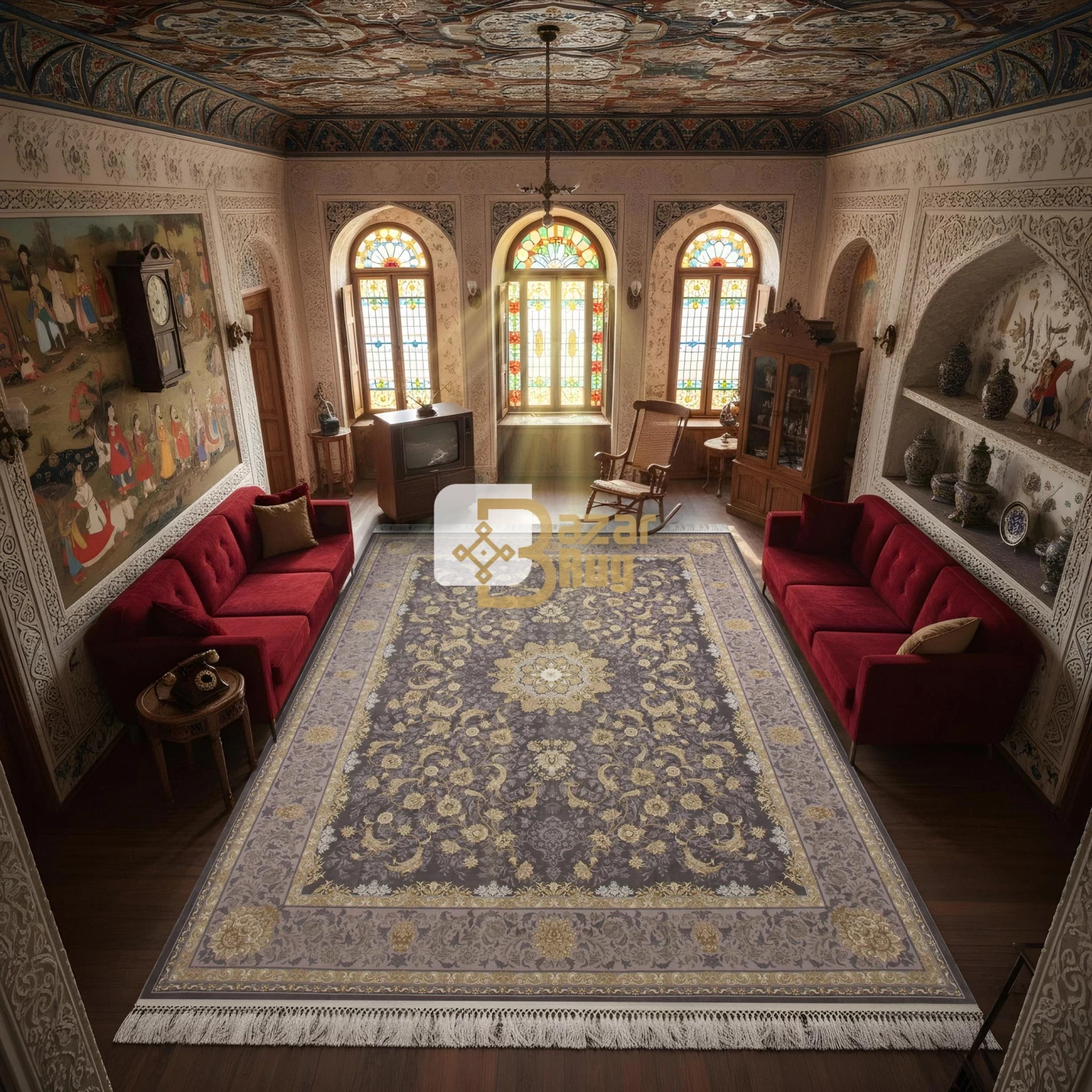 فرش ماشینی 1200 شانه تراکم 3600 گل برجسته طرح پرستش دلفینی