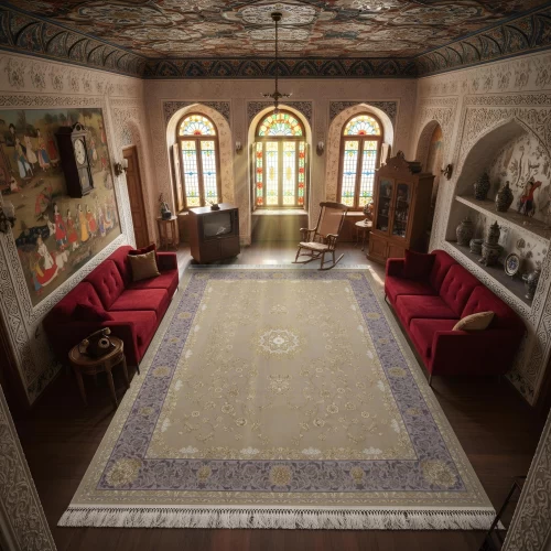 فرش ماشینی 1200 شانه تراکم 3600 گل برجسته طرح پرستش صدفی