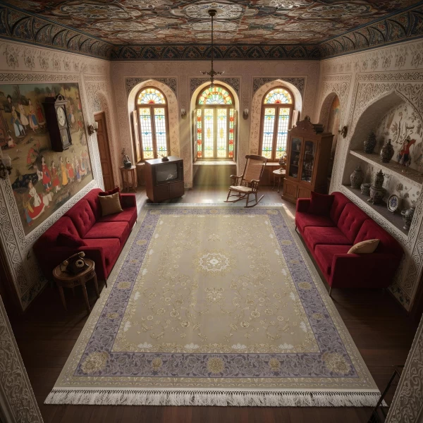 فرش ماشینی 1200 شانه تراکم 3600 گل برجسته طرح پرستش صدفی