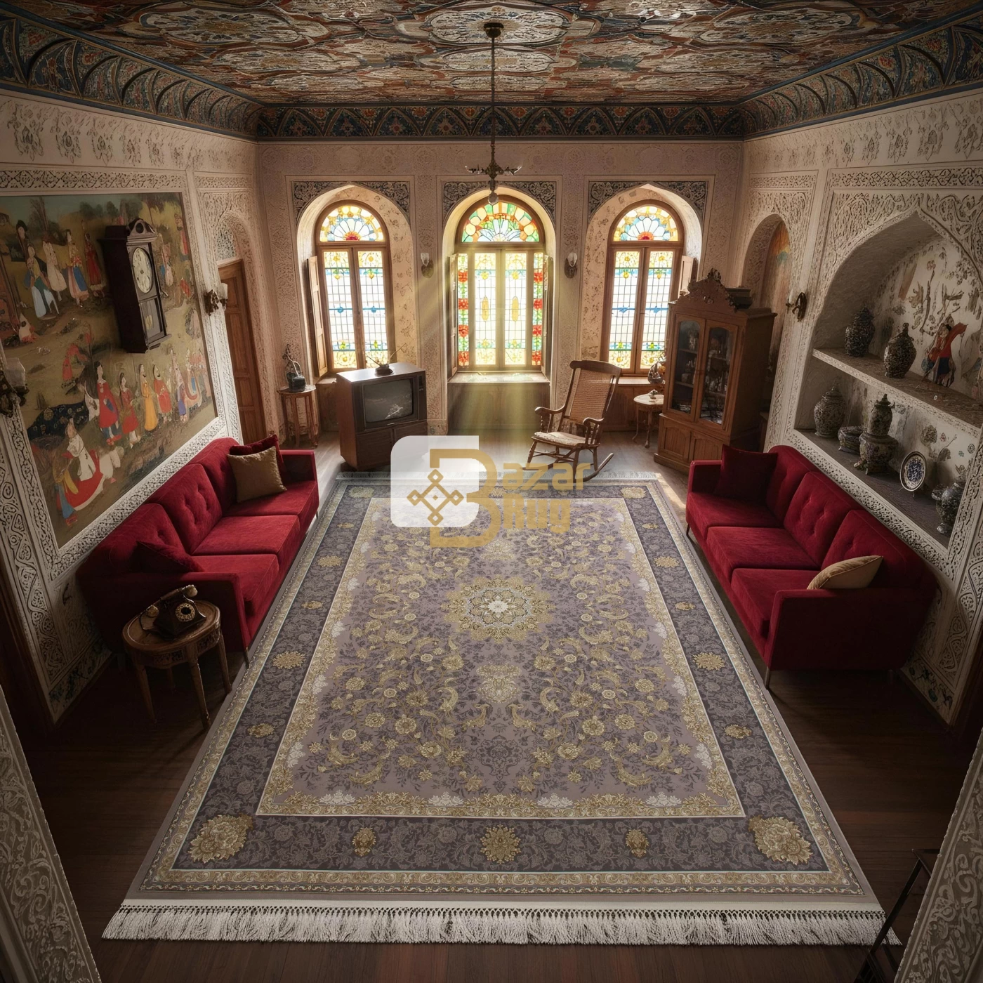 فرش ماشینی 1200 شانه تراکم 3600 گل برجسته طرح پرستش یاسی