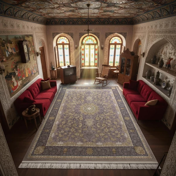 فرش ماشینی 1200 شانه تراکم 3600 گل برجسته طرح پرستش یاسی