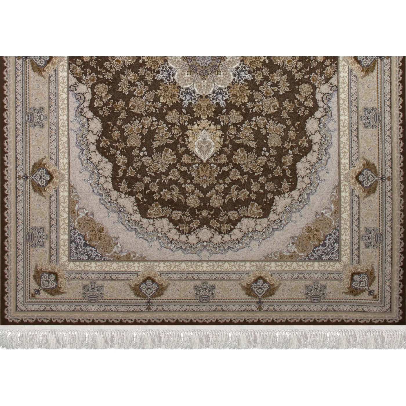 فرش ماشینی 1200 شانه تراکم 3600 گل برجسته طرح پونه شکلاتی