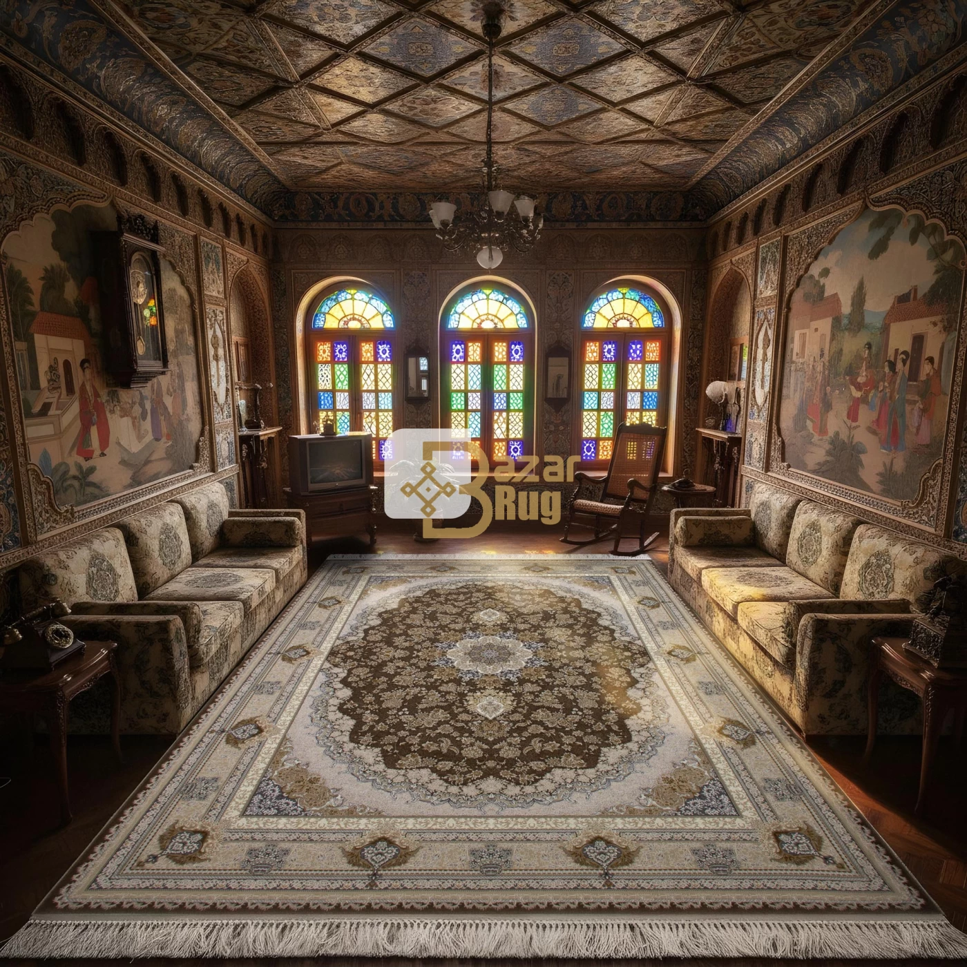 فرش ماشینی 1200 شانه تراکم 3600 گل برجسته طرح پونه شکلاتی