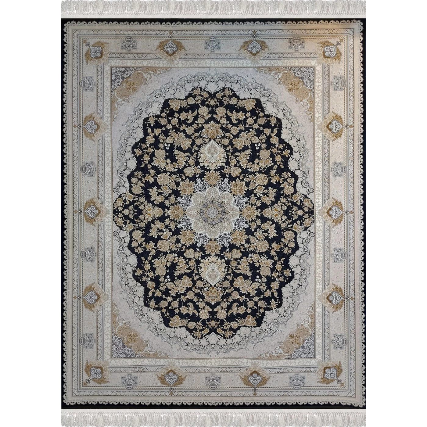 فرش ماشینی 1200 شانه تراکم 3600 گل برجسته طرح پونه سرمه ای