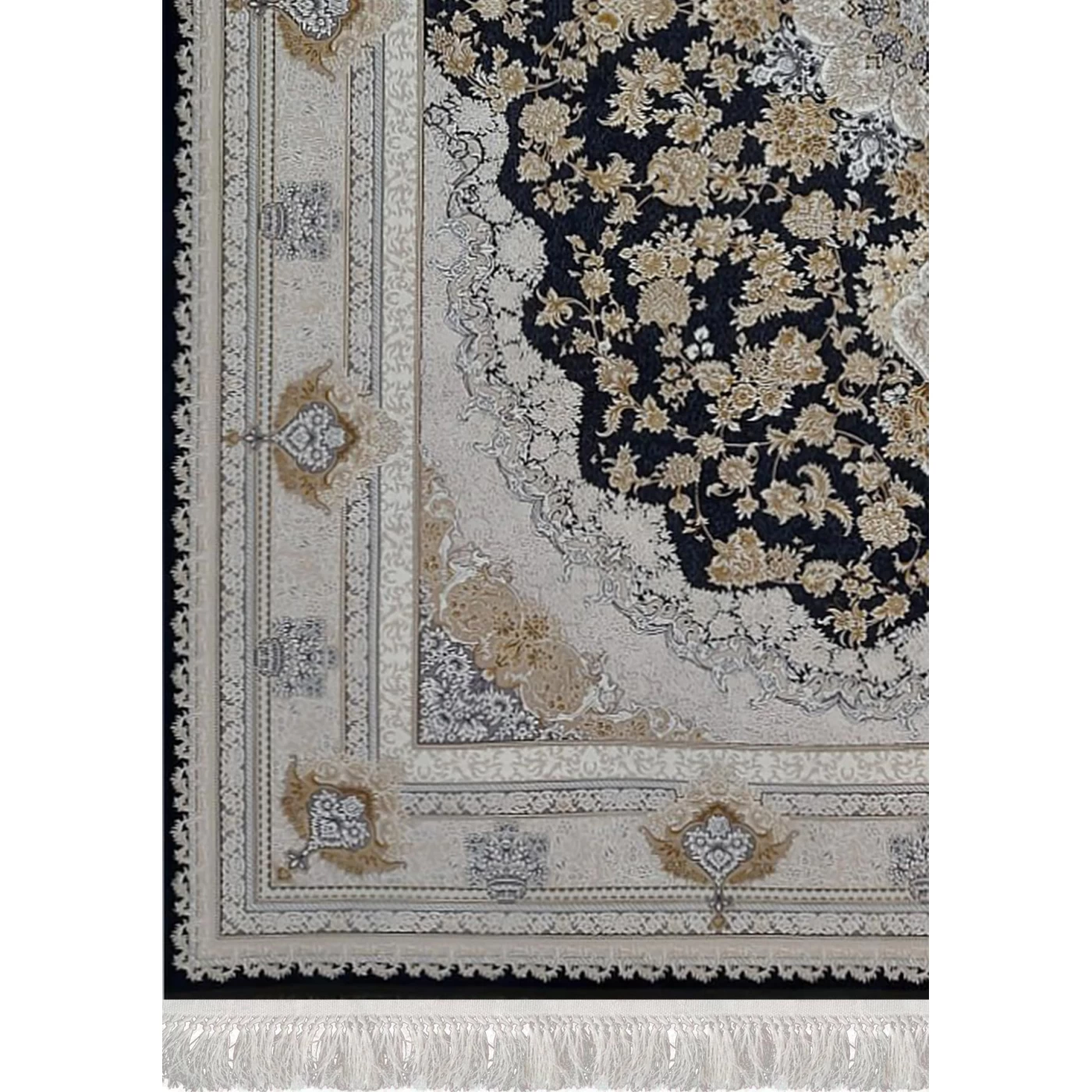 فرش ماشینی 1200 شانه تراکم 3600 گل برجسته طرح پونه سرمه ای