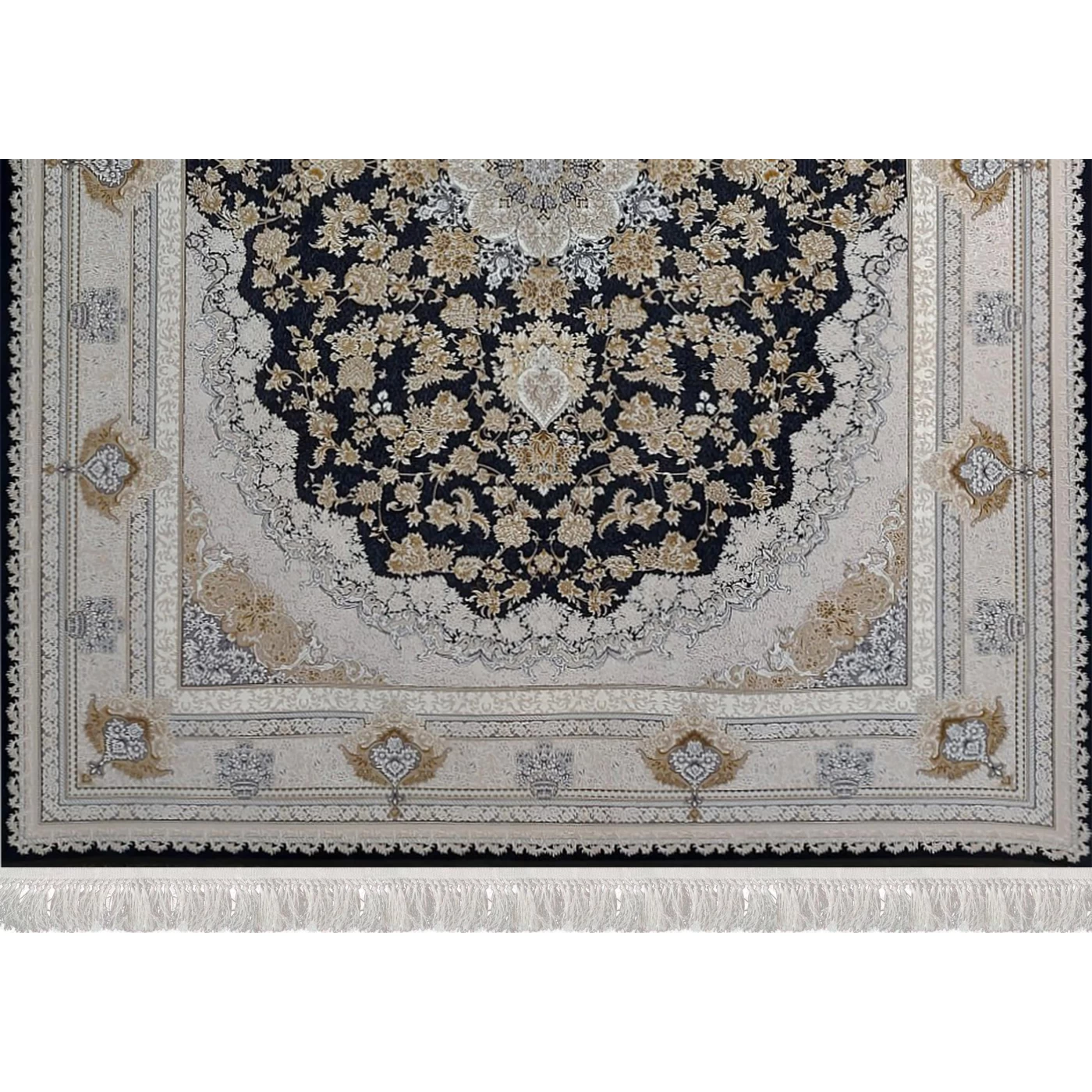 فرش ماشینی 1200 شانه تراکم 3600 گل برجسته طرح پونه سرمه ای