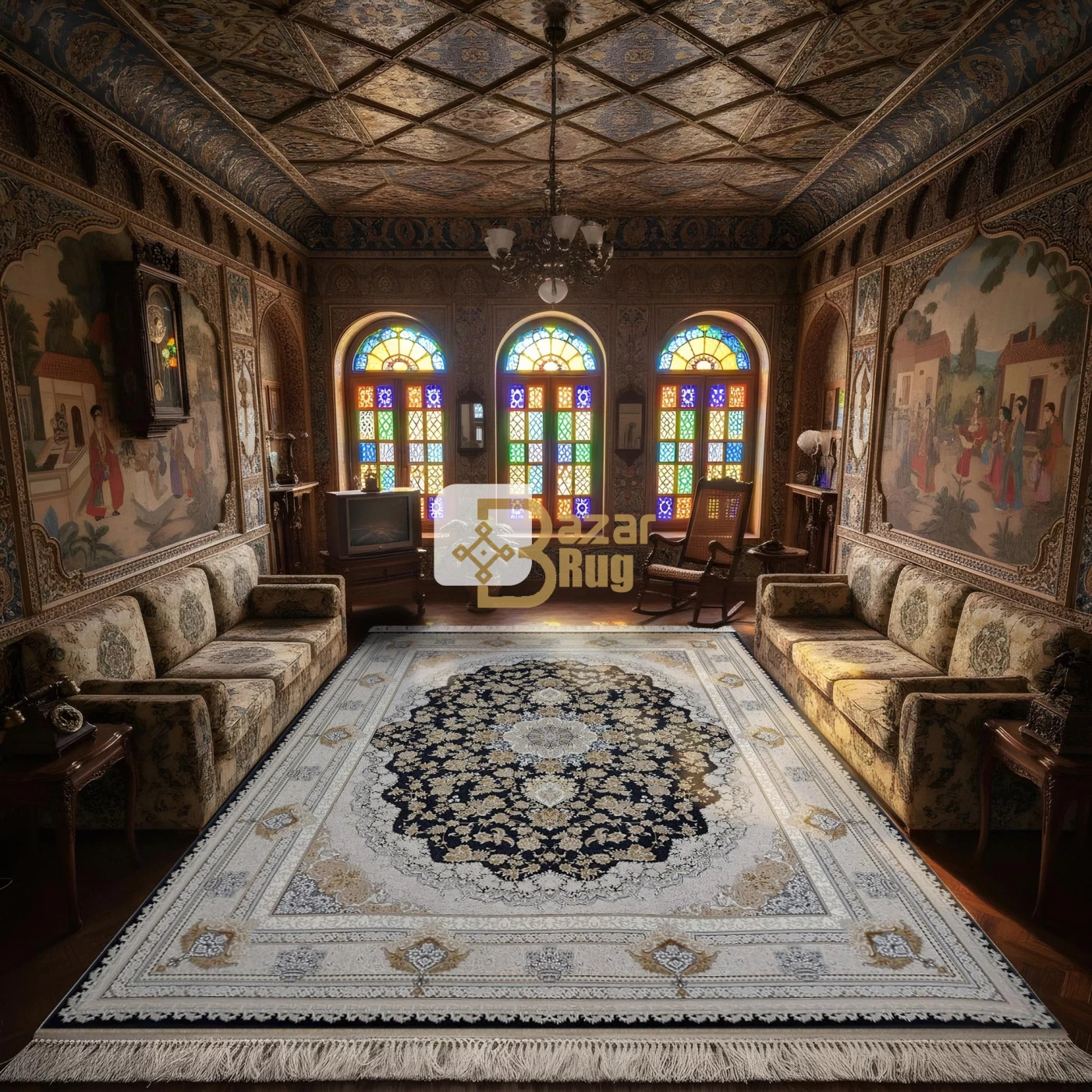 فرش ماشینی 1200 شانه تراکم 3600 گل برجسته طرح پونه سرمه ای