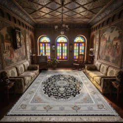 فرش ماشینی 1200 شانه تراکم 3600 گل برجسته طرح پونه سرمه ای - بازارفرش - فرش 1200 شانه