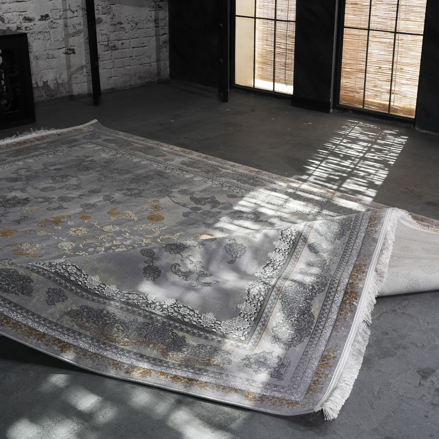 فرش ماشینی 1200 شانه تراکم 3600 گل برجسته طرح رامان بژ