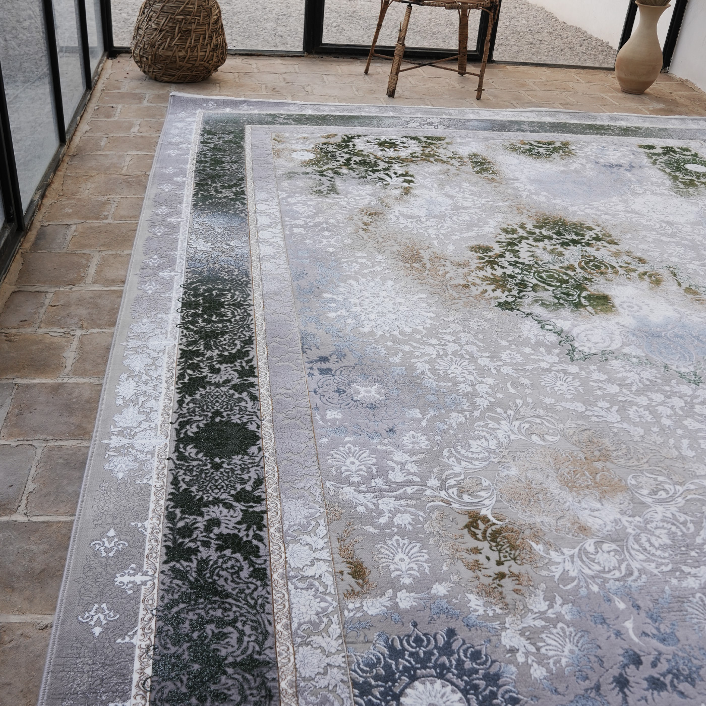 فرش ماشینی 1200 شانه تراکم 3600 گل برجسته طرح رولکس بژ