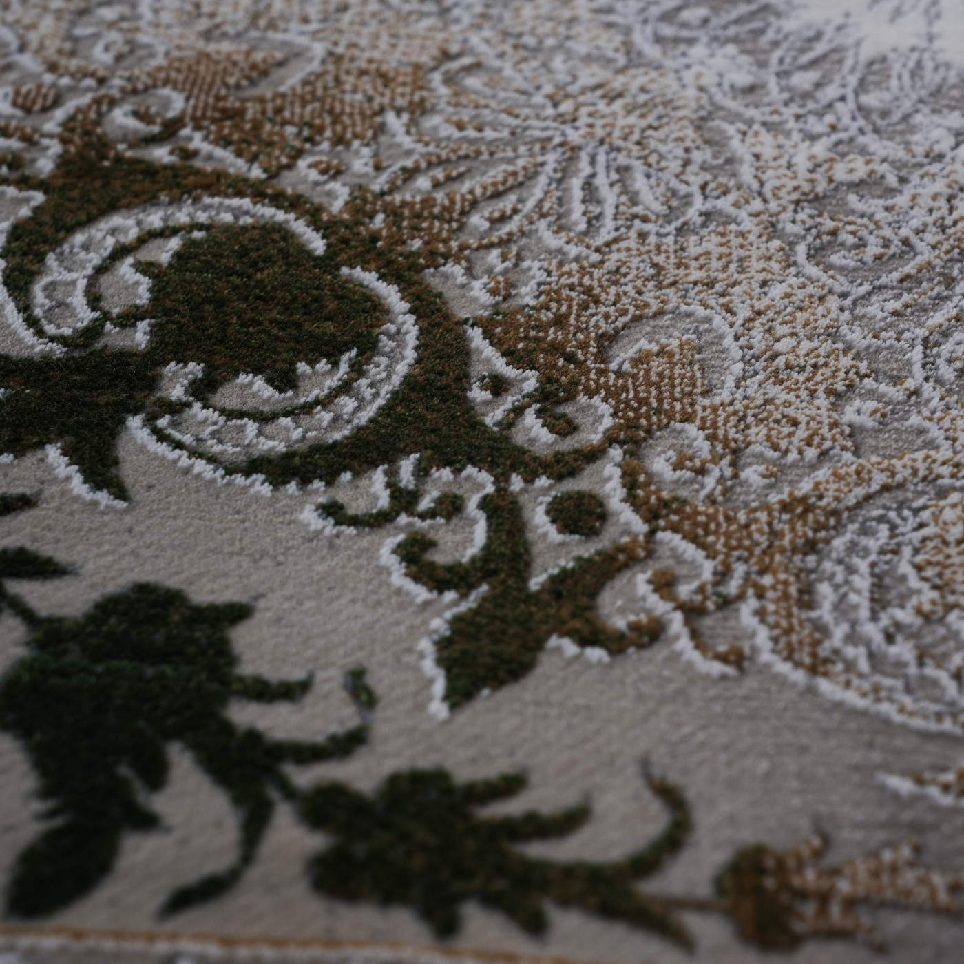 فرش ماشینی 1200 شانه تراکم 3600 گل برجسته طرح رولکس بژ