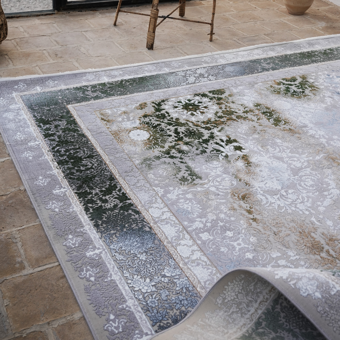 فرش ماشینی 1200 شانه تراکم 3600 گل برجسته طرح رولکس بژ