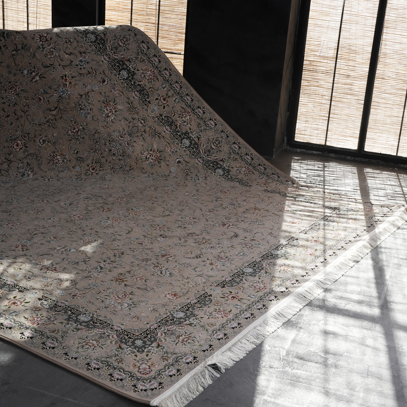 فرش ماشینی 1200 شانه تراکم 3600 گل برجسته طرح رزیتا بژ