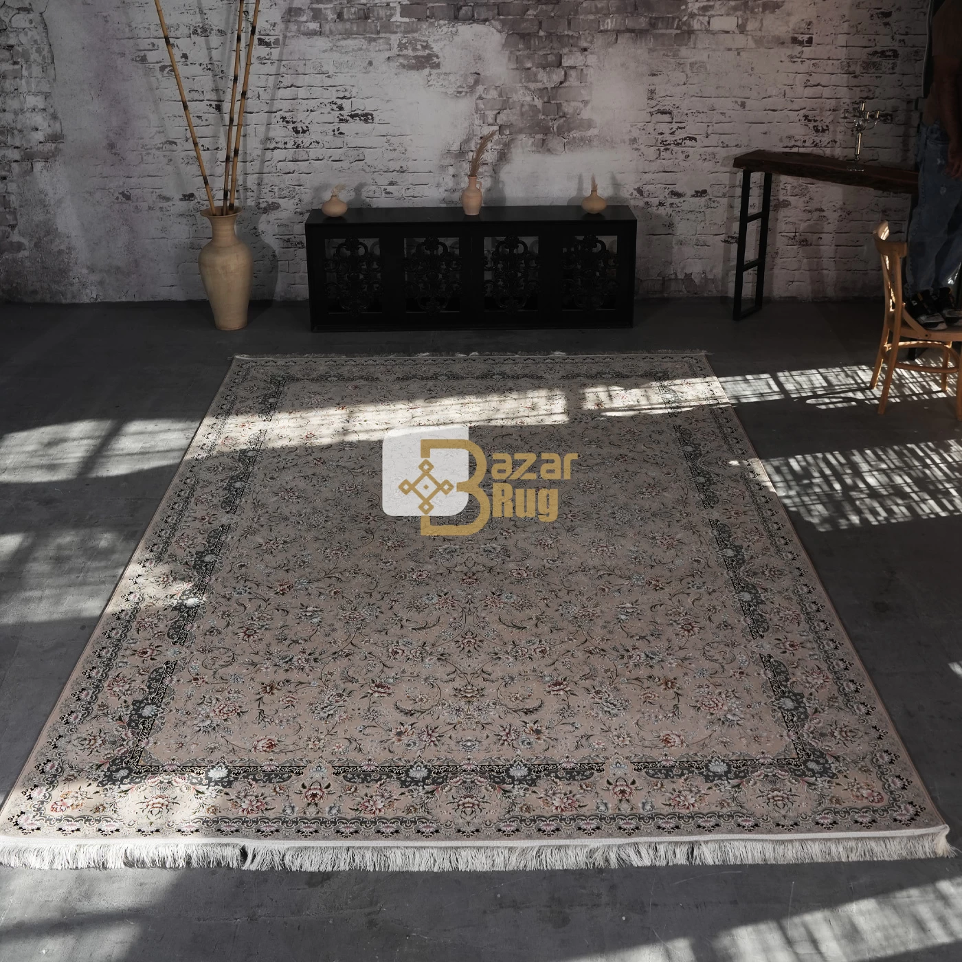 فرش ماشینی 1200 شانه تراکم 3600 گل برجسته طرح رزیتا بژ