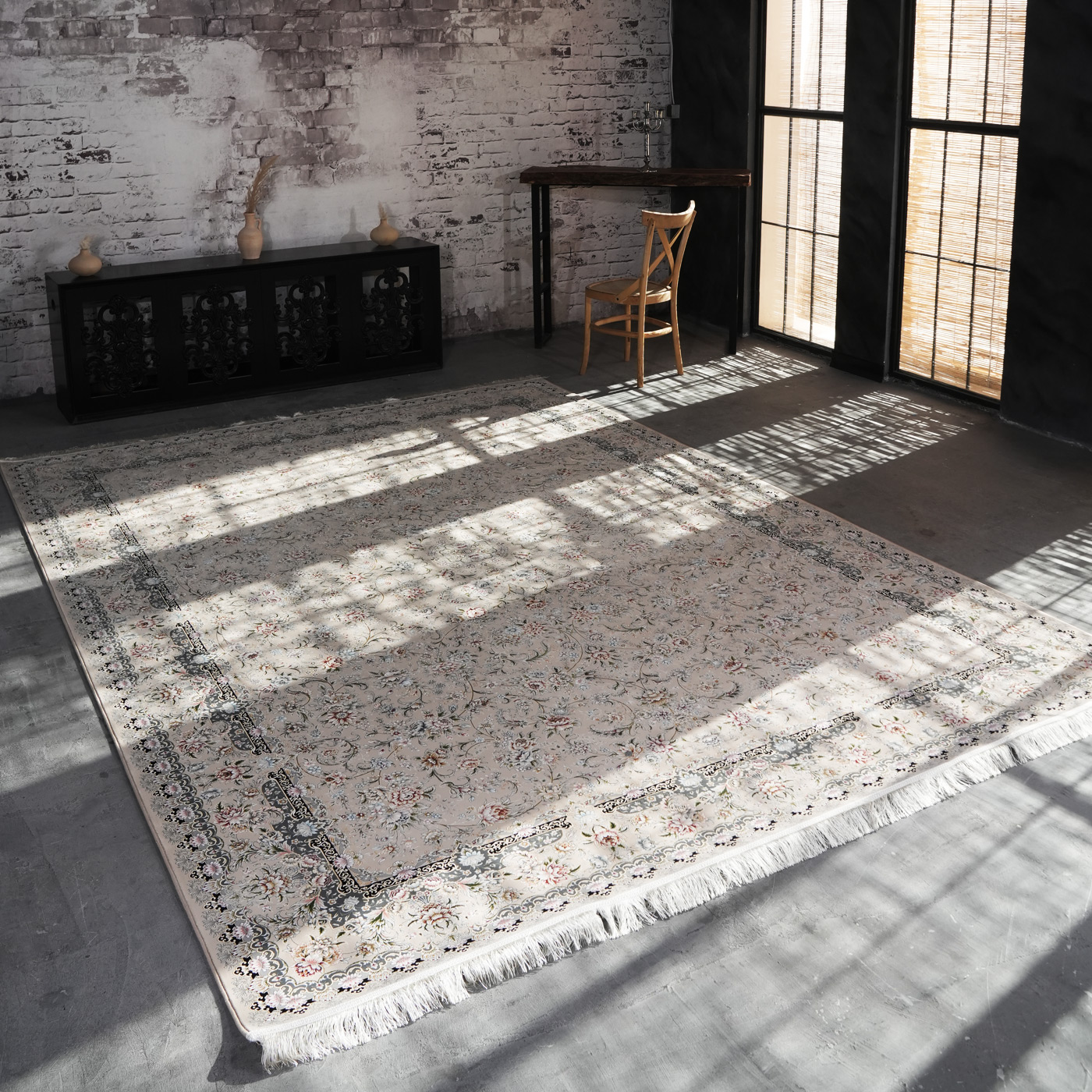 فرش ماشینی 1200 شانه تراکم 3600 گل برجسته طرح رزیتا بژ