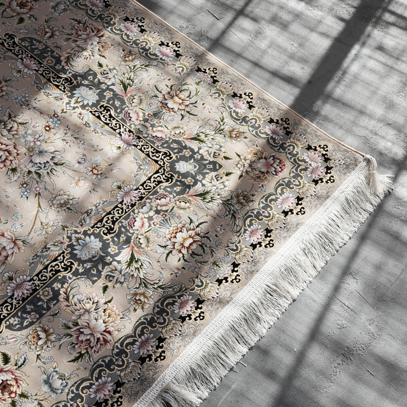 فرش ماشینی 1200 شانه تراکم 3600 گل برجسته طرح رزیتا بژ