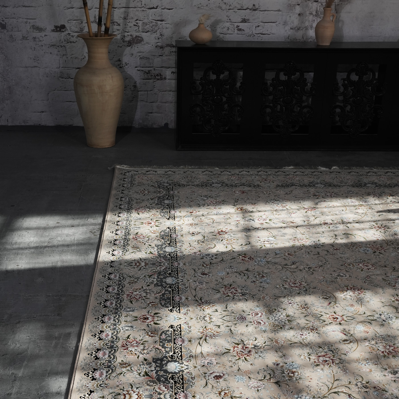 فرش ماشینی 1200 شانه تراکم 3600 گل برجسته طرح رزیتا بژ