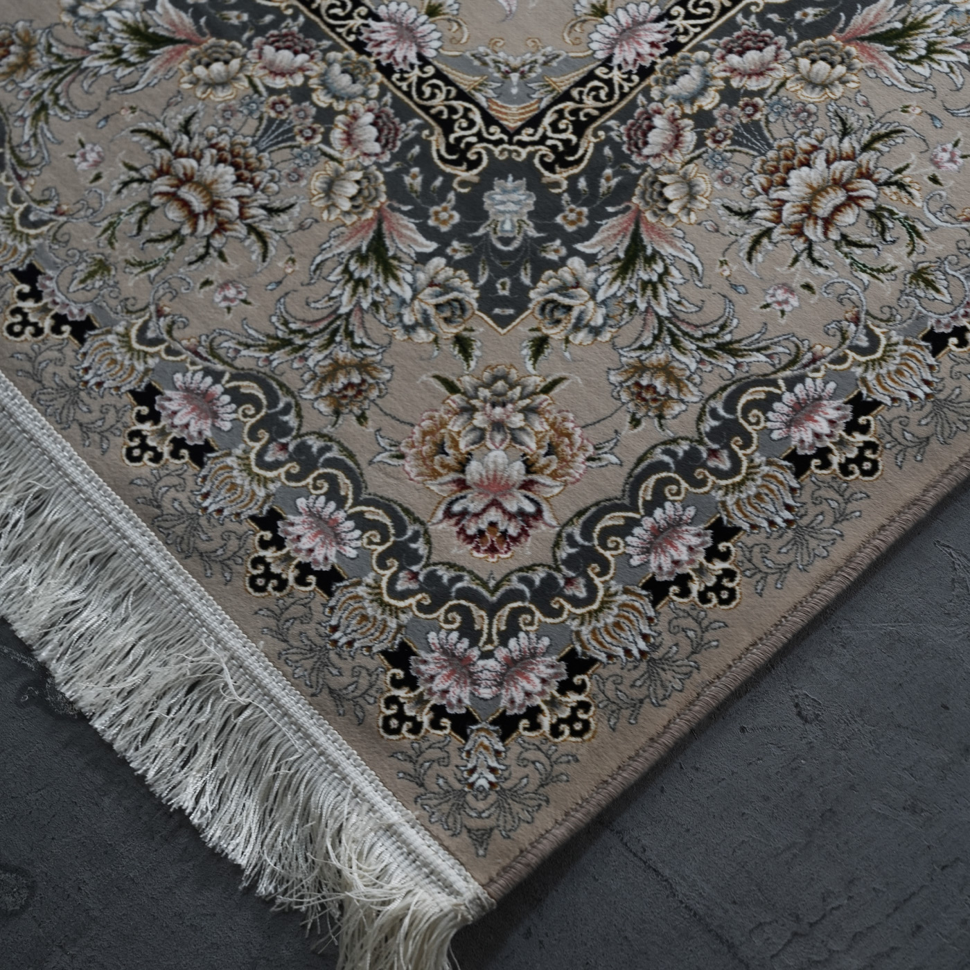 فرش ماشینی 1200 شانه تراکم 3600 گل برجسته طرح رزیتا بژ